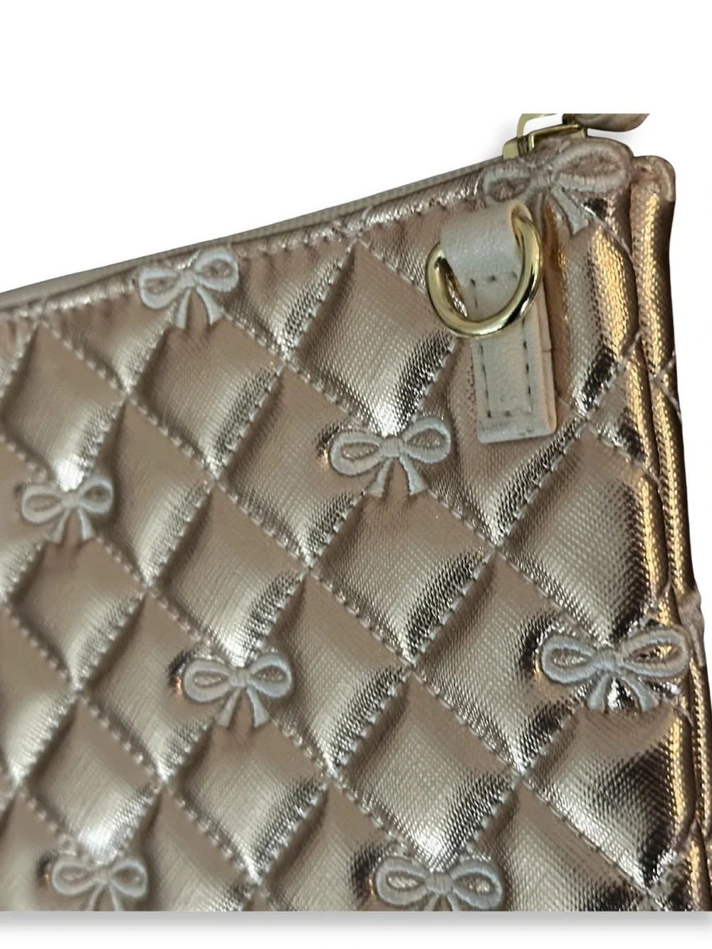 Luv Betsey Johnson Wristlet Rose Gold Quilted Clutch Bow Purse Metallic
